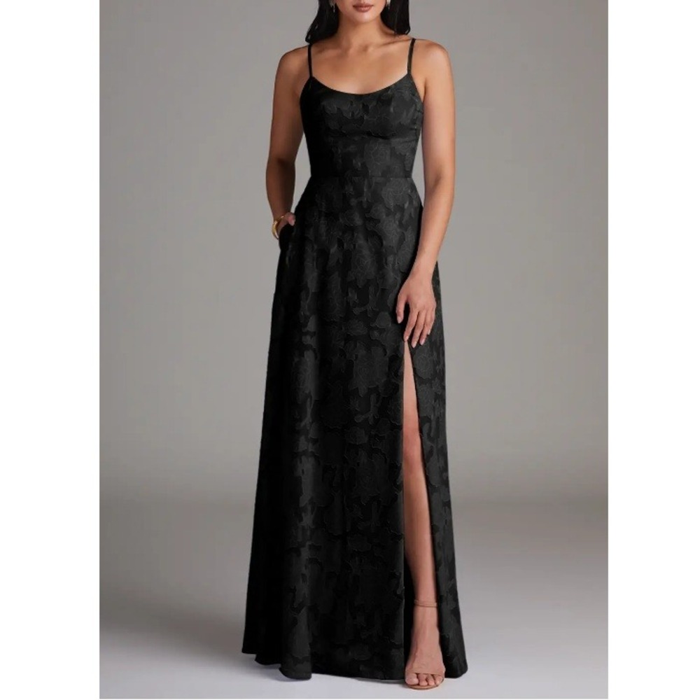 Azazie Black Jacquard Maxi Dress with Side Slit